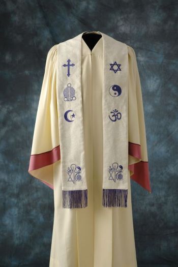 Cream clergy robe with interfaith symbol stole